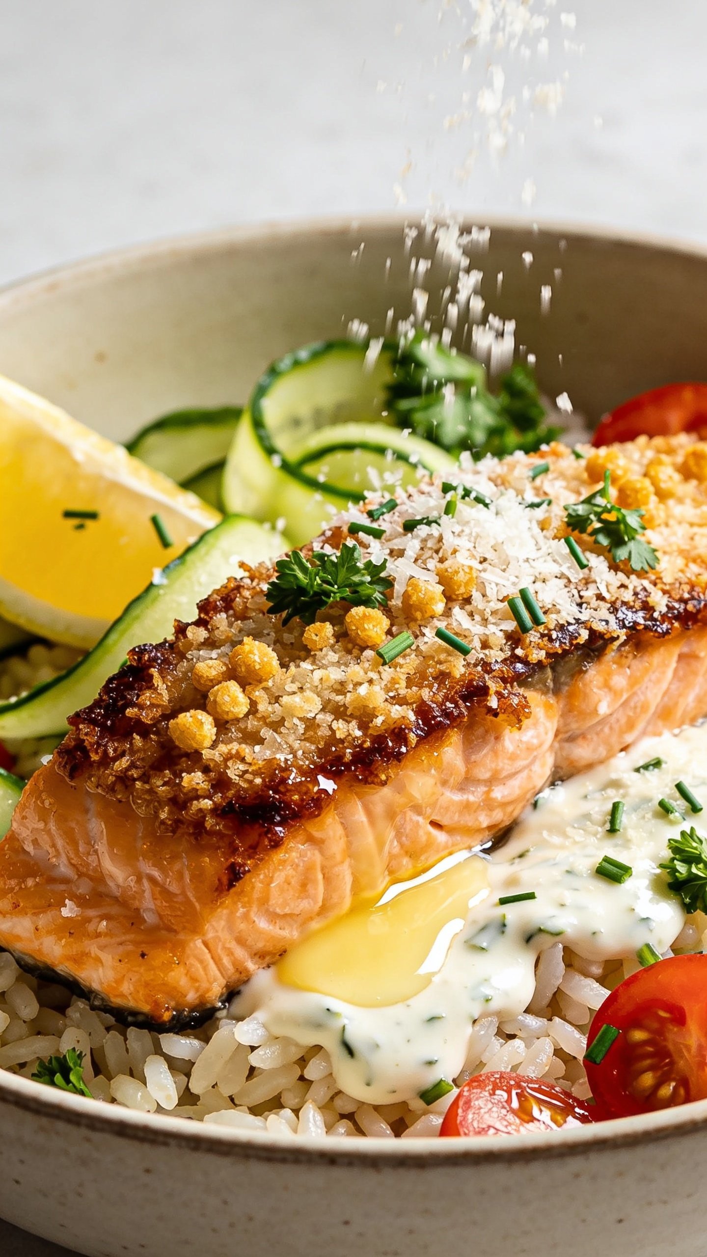 Ultra close-up from a 45-degree angle of the same finished bowl emphasizing textures: caramelized, garlicky parmesan crust on salmon with tiny golden crunchies, glossy butter pooling lightly on the rice, delicate yogurt-garlic drizzle and extra-fine grated parmesan snowing over the top mid-fall. Fresh chopped parsley and chives scattered, cucumber ribbons and cherry tomatoes adding pop, a lemon wedge catching light. Bright natural lighting, shallow depth of field with focus on crispy edges and sauce sheen, food filling 90–95% of frame, cohesive styling matching the other images.