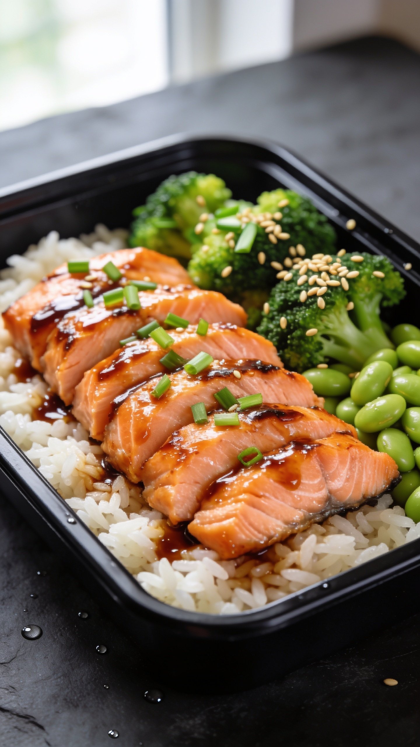 Ultra close-up hero shot of High Protein Teriyaki Salmon Meal Prep: glossy teriyaki-glazed salmon fillet sliced into thick, moist flakes over fluffy jasmine rice in a sleek black meal-prep container, with bright-steamed broccoli and edamame on the side, sprinkled with toasted sesame seeds and finely sliced green onions; sticky glaze pooled lightly on the rice, micro-droplets catching the light; vibrant orange-pink salmon, vivid greens, and pearly white rice; bright natural window light, shallow depth of field, soft bokeh; minimal matte slate backdrop; food fills 90â95% of frame, premium food-blog styling, consistent plating to be used in all images.