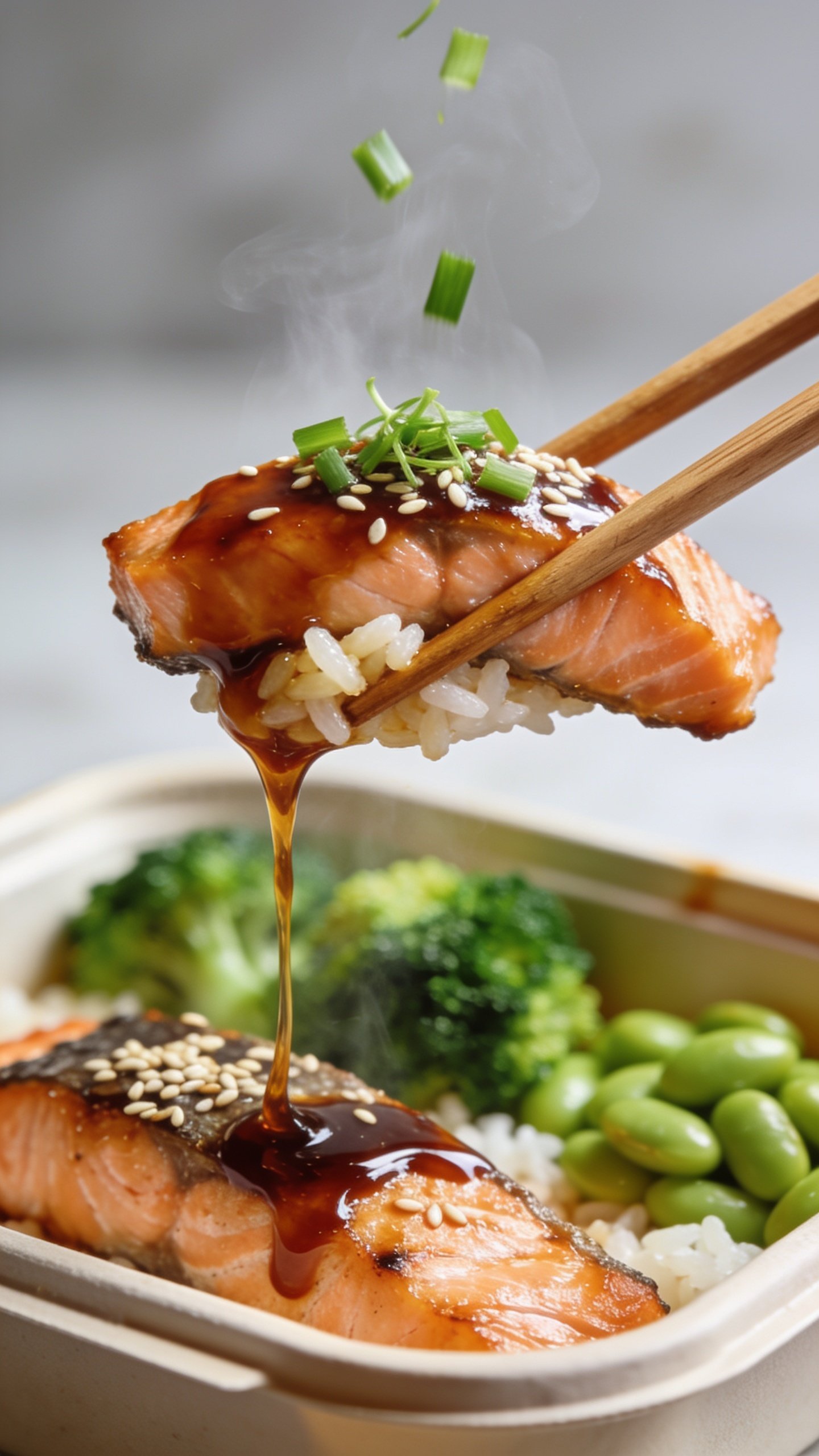 Dynamic action close-up: wooden chopsticks lifting the perfect glossy bite of teriyaki salmon and a few rice grains from the same meal-prep container, a ribbon of thick teriyaki glaze slowly stretching and dripping back onto the fillet; sesame seeds and micro-chopped green onions gently mid-fall onto the salmon; steam subtly rising; vivid greens of broccoli and edamame blurred in the background; bright natural light, shallow depth of field, tight crop with food filling 90â95% of frame; no hands visible, only chopsticks; same plating and ingredients as Image