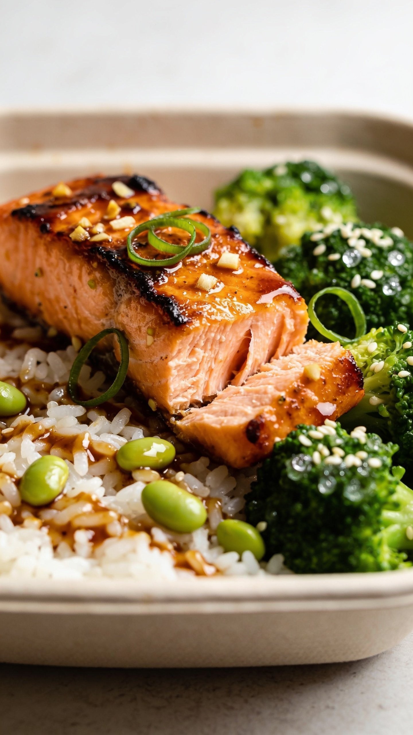 3. Macro angle close-up from the side of the same plated meal-prep container: focus on the salmonâs caramelized edges and lacquered glaze with visible ginger-garlic flecks, flaky interior texture peeking through one cut; glossy sauce lightly brushed over white rice grains, a few edamame scattered, steamed broccoli florets with tiny water droplets; sprinkled sesame seeds and thin green onion curls; bright natural light, shallow depth of field, soft neutral surface; food fills 90â95% of frame; consistent look with Images 1 and 2, premium food-blog styling.