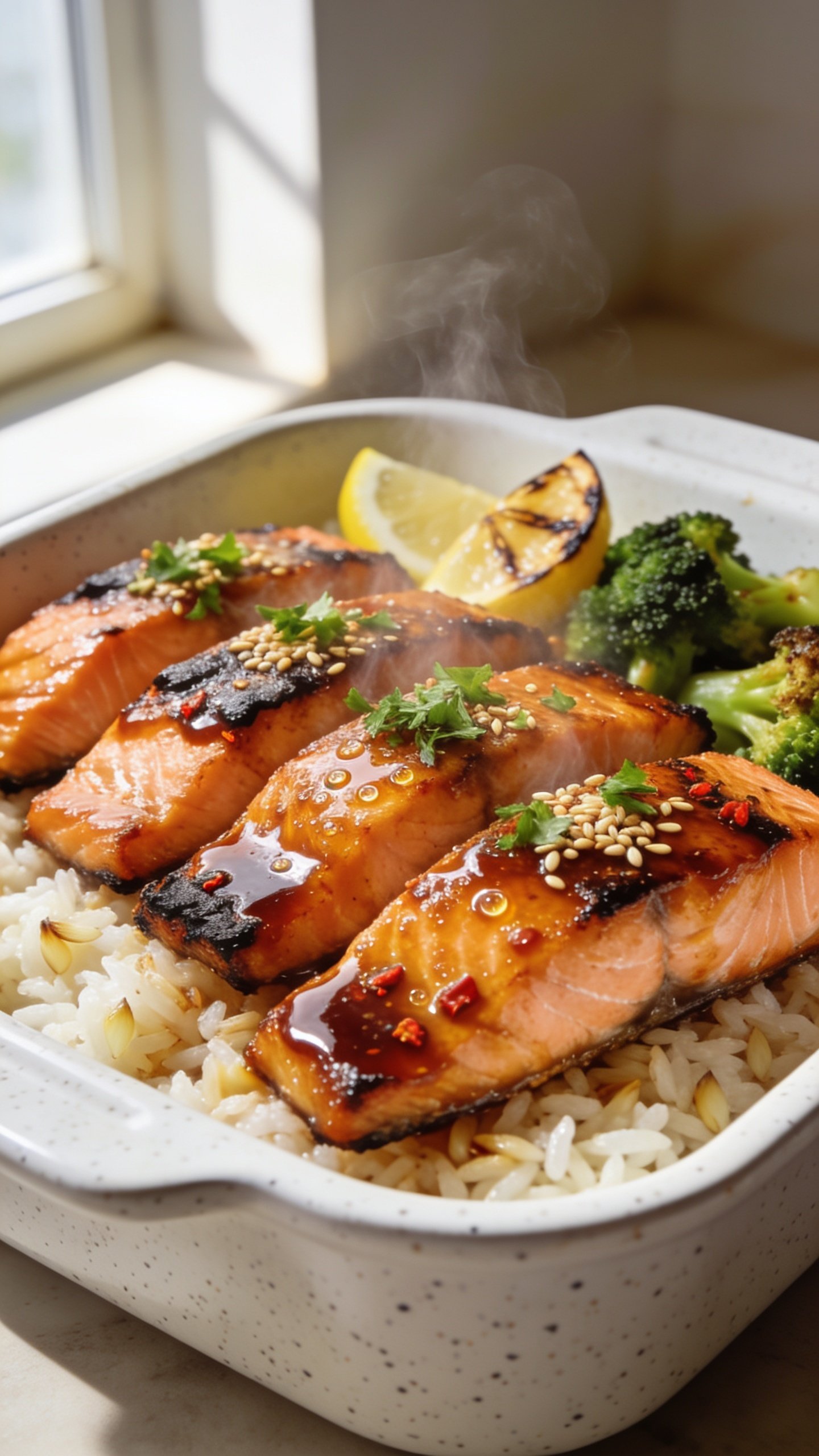 Ultra-close, hero shot of High Protein Hot Honey Salmon meal prep: four glossy salmon fillets with charred, caramelized edges, lacquered in a deep-amber hot honey glaze with visible chili flakes and micro-bubbles of sheen; nestled over fluffy garlic jasmine rice with a side of vibrant roasted broccoli and charred lemon wedges. A light sprinkle of finely chopped fresh parsley and toasted sesame seeds on top. Bright natural window light from the left, soft shadows to the right, shallow depth of field focusing on the front fillet, steam subtly rising. Premium food-blog styling on a white speckled ceramic meal-prep container, warm neutral background bokeh, food filling 90–95% of frame.