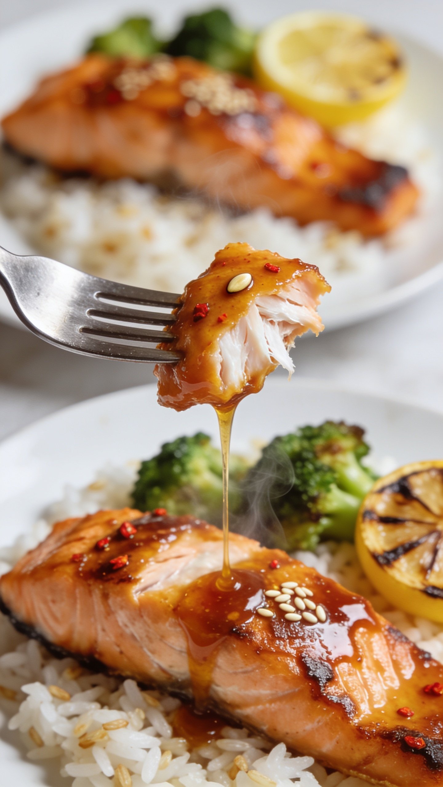 Dynamic action close-up, one second before a bite: a matte stainless fork lifting a perfect flaky bite of hot honey salmon glazed in sticky, glossy amber sauce with chili flecks, a single toasted sesame seed clinging to the surface, delicate white flakes visible where the fish separates. Thin ribbon of hot honey glaze slowly trailing back to the fillet below; tiny steam wisps rising. Blurred background shows the same plated setup—salmon over garlic jasmine rice with roasted broccoli and charred lemon—out of focus. Bright natural light, shallow depth of field isolating the lifted bite, rich textures and caramelized edges in crisp focus, food filling 90–95% of frame.