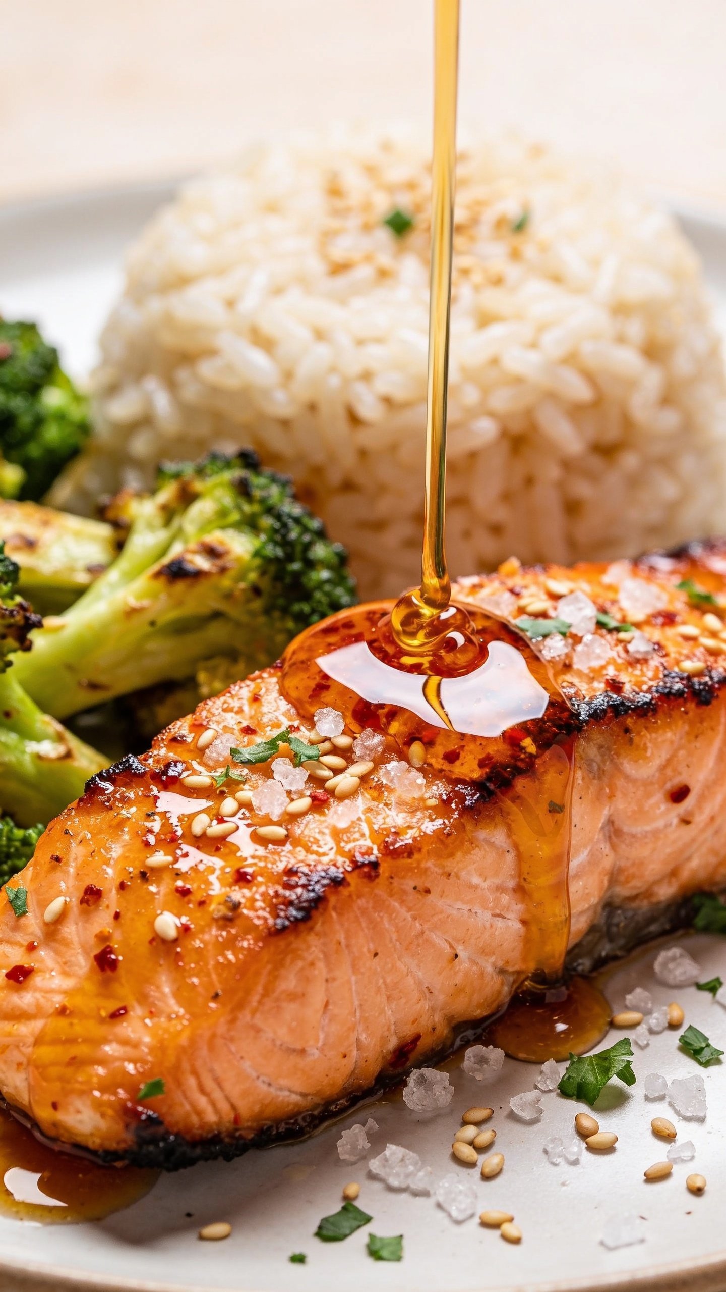 Extreme close-up angle of the same finished plate: the front salmon fillet dominates the frame, showcasing crackly, caramelized edges and a mirror-like hot honey glaze with fine chili flakes; a fresh drizzle of hot honey mid-pour forming a glossy ribbon across the top. Coarse sea salt crystals and toasted sesame seeds catch the light; flecks of chopped parsley scattered. In soft-focus behind, mounded garlic jasmine rice with distinct fluffy grains and vibrant roasted broccoli florets with light char. Bright natural lighting, shallow depth of field, minimal props, warm neutral backdrop, food filling 90–95% of frame.
