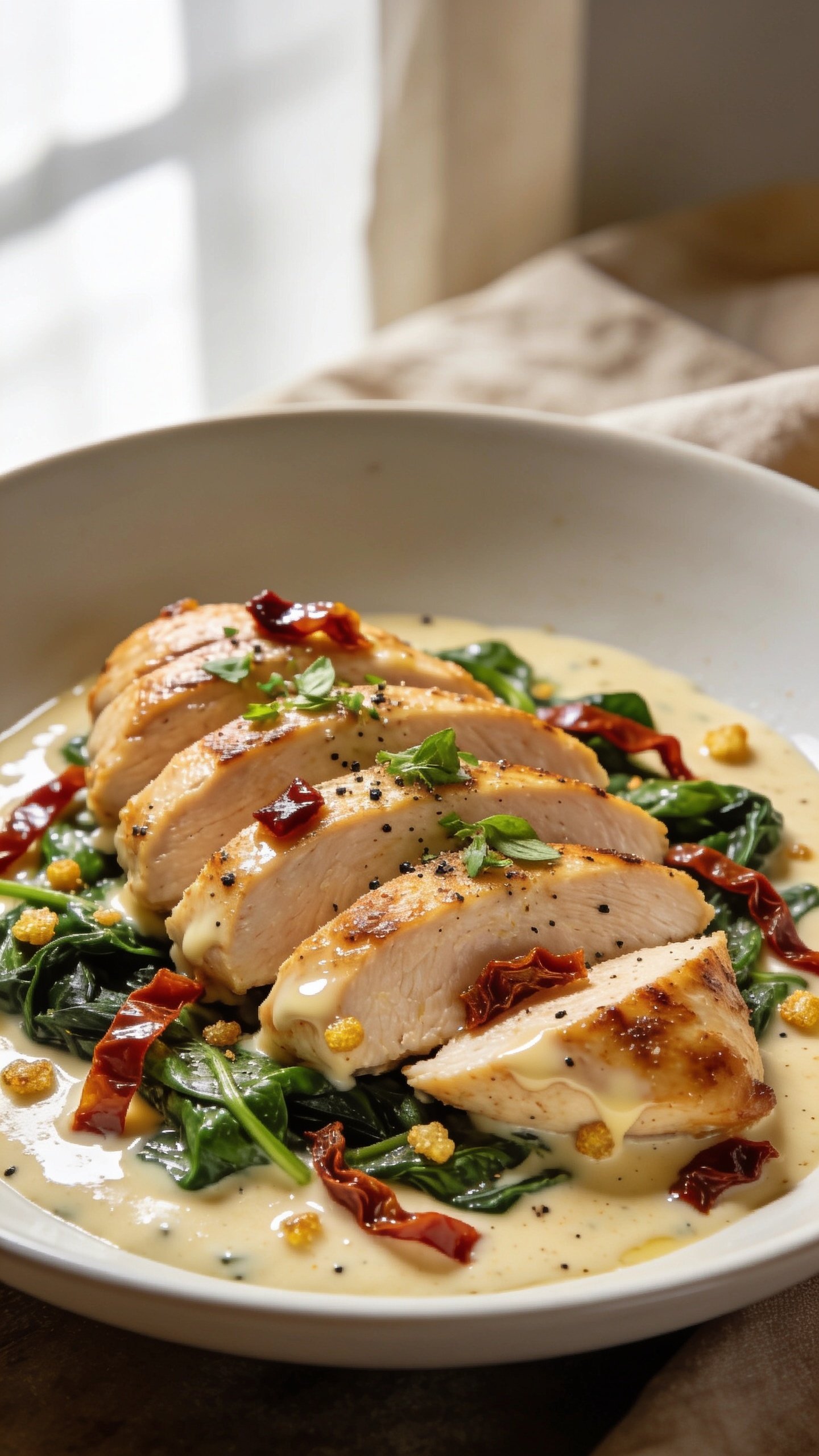 Ultra-close hero shot of High Protein Creamy Tuscan Chicken: pan-seared chicken breasts sliced on the bias and fanned over a shallow pool of glossy parmesan-cream sauce studded with sun-dried tomato ribbons and wilted baby spinach, tiny golden fond bits clinging to the chicken, sauce clinging silkily to the edges; garnished with a light sprinkle of chopped fresh basil and black pepper, a few visible sun-dried tomato pieces glistening; plated in a wide, low white bowl with no sides visible so the chicken and sauce fill 90–95% of the frame; bright natural window light from the left, soft shadows, shallow depth of field that blurs the far rim; premium food-blog styling with warm neutral linens barely peeking in the extreme background, no text, no hands.