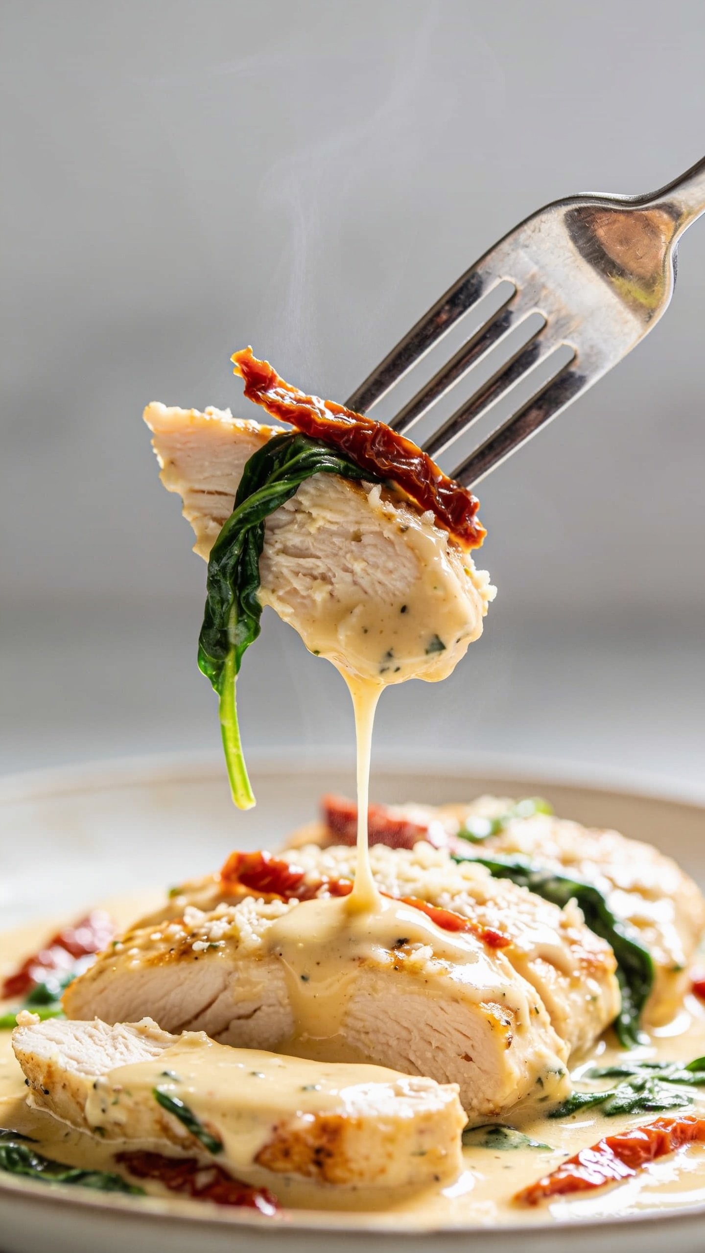 Dynamic action moment: a polished fork lifting the perfect bite of the finished Tuscan chicken—one juicy slice of chicken coated in creamy parmesan sauce with a sun-dried tomato strip and a strand of wilted spinach draped over it—held inches above the same plated dish; a slow, glossy ribbon of sauce stretches from the lifted bite back to the chicken below, catching highlights; steam faintly rising; the remaining chicken slices below are bathed in the same silky sauce with visible tomato and spinach; ultra close-up so food fills 90–95% of the frame; bright natural side light, shallow depth of field that blurs the plate rim; no hands, no people, only the fork tip visible.