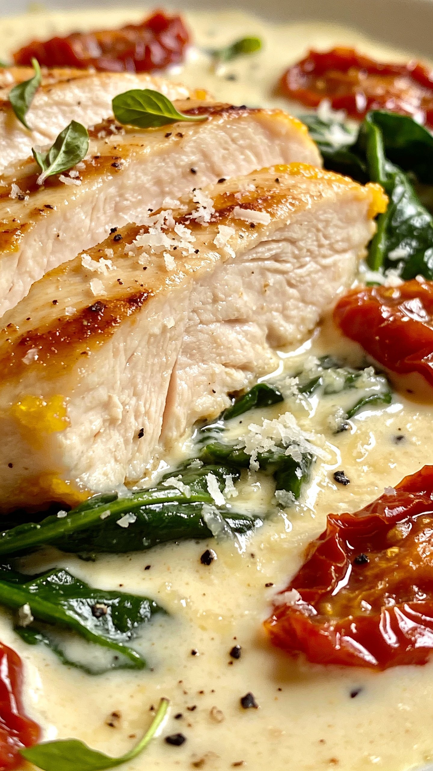 Macro close-up from a low 45-degree angle of the same plated Creamy Tuscan Chicken: focus on the cut surface of a sliced chicken breast showing moist texture and light sear, edges kissed golden; the velvety cream sauce pooled and gently rippling, speckled with cracked black pepper, finely grated parmesan, and glossy sun-dried tomato pieces; wilted spinach leaves peeking through with vibrant deep green; a few micro basil shreds scattered on top; bright natural lighting with soft highlights on the sauce, shallow depth of field so background melts away; food fills 90–95% of the frame, cohesive with the other images.
