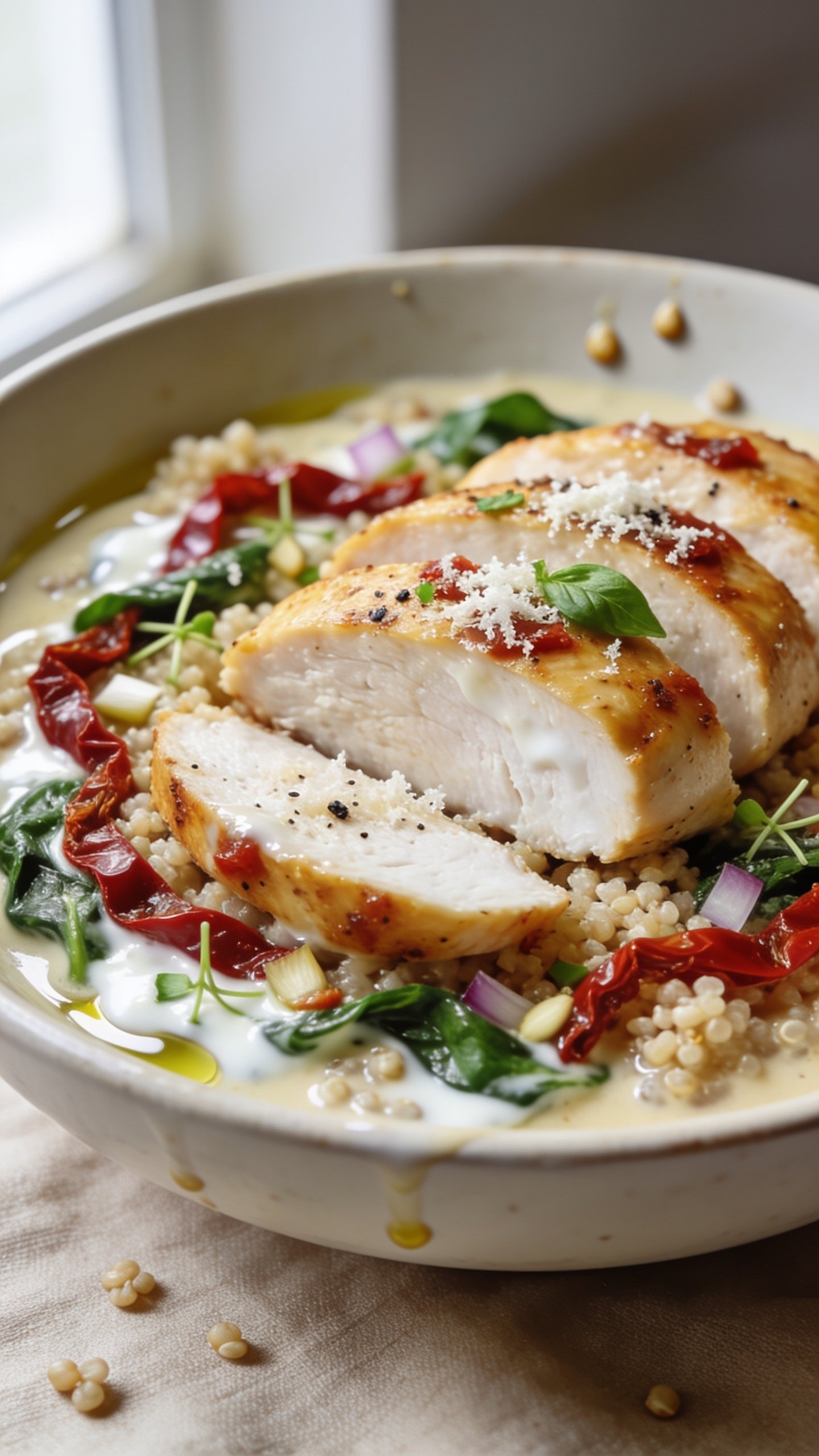 Ultra-close-up hero shot of High Protein Marry Me Chicken: seared golden chicken breasts sliced into thick medallions nestled over fluffy quinoa in a shallow off-white ceramic bowl, drenched in a glossy creamy sun-dried tomato and garlic-Parmesan sauce lightened with Greek yogurt; ruby ribbons of sun-dried tomatoes and tender sautĂŠed spinach swirled through the sauce, micro-chopped shallots visible, garnished with finely grated Parmesan and flecks of fresh basil and cracked black pepper; a light olive oil sheen catching bright natural window light from the left; shallow depth of field with the front slice in razor focus showing moist, juicy texture and clean white interior, background sauce softly blurred; premium food-blog styling with a few stray quinoa grains and sauce drips on the rim; warm neutral linen beneath, no text, no hands, food filling 90â95% of frame.