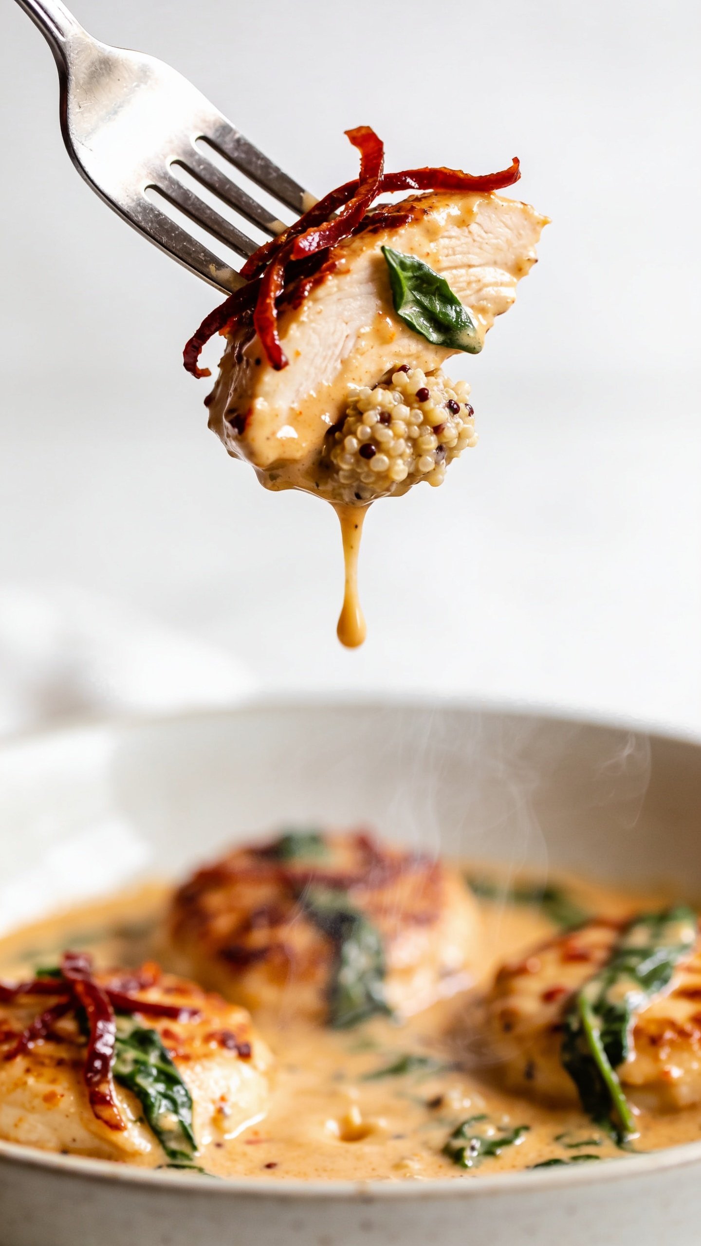 Dynamic action close-up: a polished fork lifting the perfect bite of Marry Me Chickenâone juicy slice of chicken coated in the creamy sun-dried tomato Greek-yogurt-Parmesan sauce with a few strands of julienned sun-dried tomato and a basil fleck clinging; a small mound of quinoa stuck to the saucy underside; glossy sauce trailing in a slow drip back toward the bowl below; steam subtly visible rising; the remaining chicken medallions and spinach-streaked sauce blur in the background; bright natural side light, shallow depth of field, food filling 90â95% of frame; no hands, only the fork tip visible, capturing the exact moment before the bite reaches the mouth.