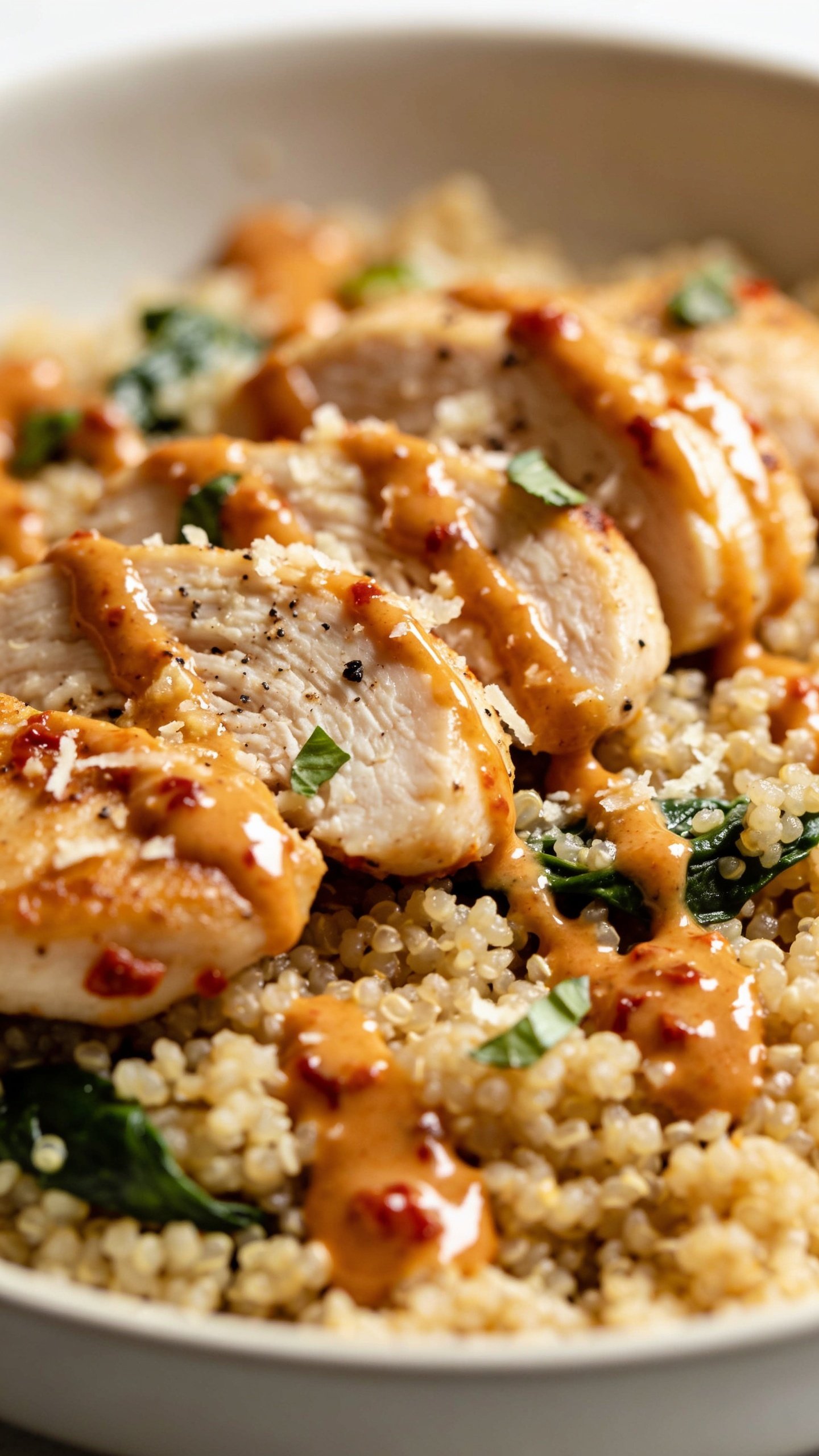 Macro close-up at a low 3/4 angle of the same finished dish: chicken medallions fanned over quinoa with pools of ultra-glossy creamy sun-dried tomato sauce collecting in the quinoa crevices; visible specks of black pepper, grated Parmesan melting slightly on contact, tiny basil chiffonade scattered; a few spinach leaves peeking through the sauce; emphasis on juicy chicken fibers and the silky sauce texture; bright natural lighting from the right, soft reflector fill on the left, shallow depth of field isolating the front edge of the chicken and glistening sauce; minimal props (faint rim of the same off-white bowl), food filling 90â95% of frame, cohesive styling to match the hero image.